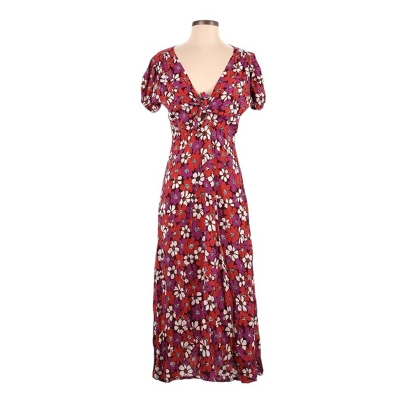 Faithfull the Brand Mailee Midi Dress 4 NWT Red Pink Floral Tie Front Vacation - Picture 1 of 10